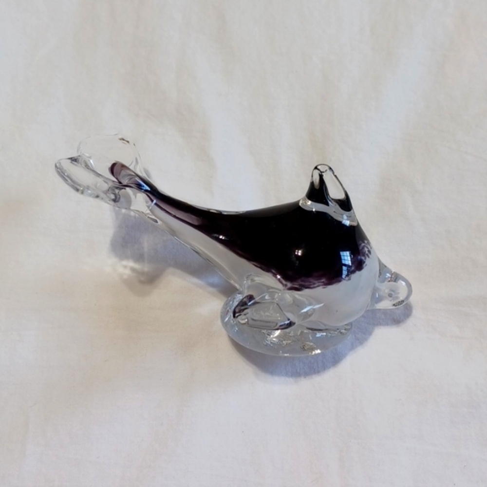 Art Glass Miniature 4" Dolphin Paperweight Purple & Clear Glass Figurine